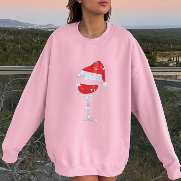 Pink Santa Wine Glass Sweatshirt New - Picture 3 of 15